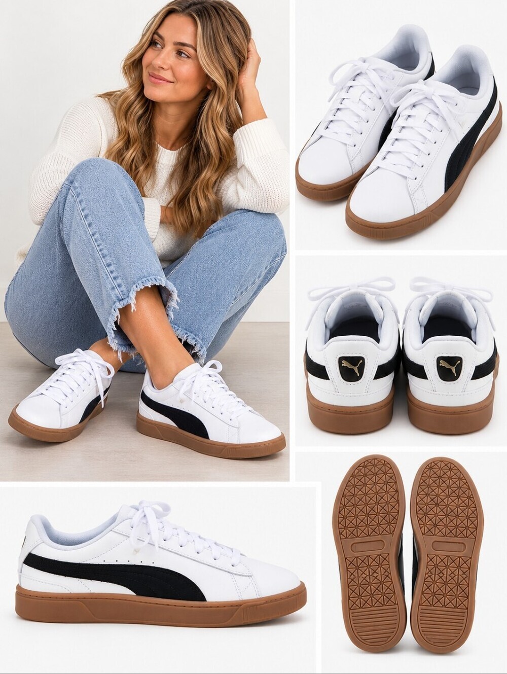 NWOB Puma White Leather Sneakers with Black Stripe and Gum Sole